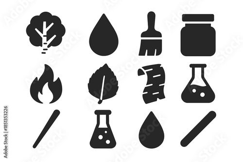 Birch Tar Icons. Solid style icons of birch tar and natural resins: birch tree, tar drop, brush, jar, fire flame, leaf, bark piece