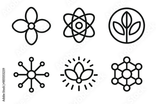 Molecular Bloom Icons. Line style round vector icons of Molecular Spring: chemical flower, atomic loop, circular leaf, radiant