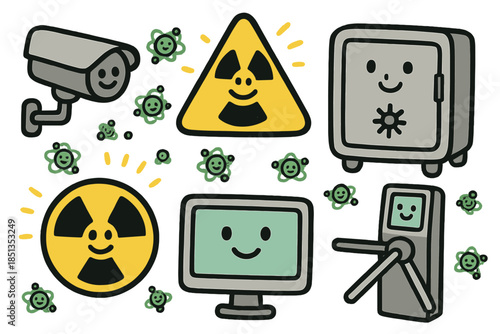 Happy Nuclear Safeguards. Cheerful doodle nuclear safeguards illustration with happy security devices, cartoon warning signs
