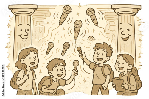 Cheerful Acoustic Survey. Friendly doodle temple acoustic survey with happy students, cartoon microphones floating, cheerful