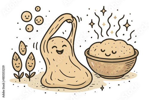 Cheerful Bread-Making Doodles. Playful doodle bread-making scene with happy dough stretching, smiling wheat grains, cartoon yeast