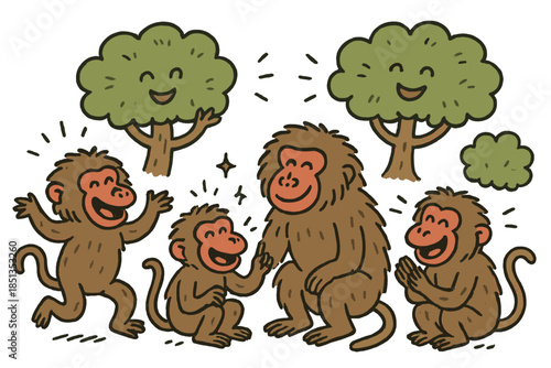 Cheerful Baboon Gathering. Friendly doodle baboon social interaction with smiling troop members, cartoon gestures and facial