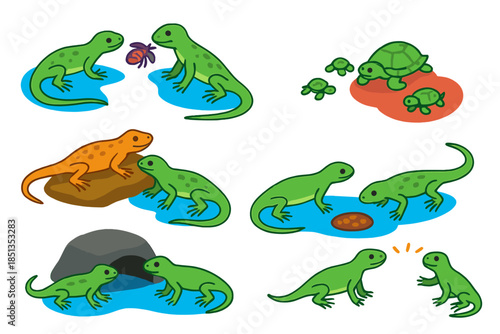 Reptile Social Behavior. Isometric vector illustration set Social learning in reptiles: lizards observing peers, turtle hatchlings