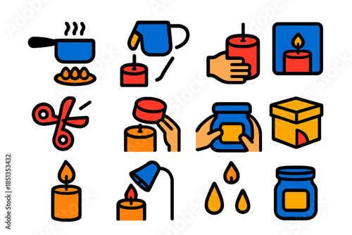 Candle Making Icons. Flat vector icons of Candle Making Process: melting pot, pouring wax, setting wick, curing candle, trimming