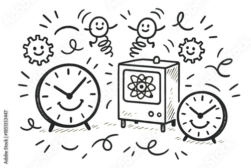 Whimsical Clock Laboratory. Whimsical doodle atomic clock lab with smiling clocks, cartoon oscillators bouncing happily, tiny