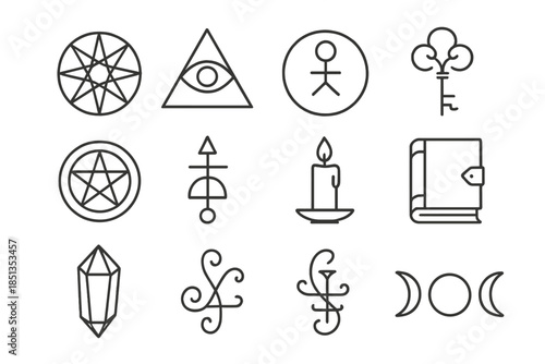 Esoteric Symbols Icons. Line style icons of Esoteric Symbols: Occult Sign, Secret Meaning, Esoteric Drawing, Initiate Knowledge;
