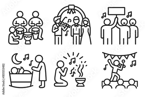 Music's Societal Influence Icons. Line style icons of Music’s Role in Society: community drum circle, wedding musicians, protest