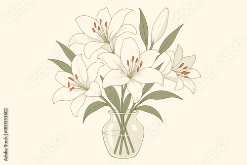 Elegant Lily Arrangement. Delicate floral arrangement of white lilies in a glass vase, vector illustration soft lighting creating
