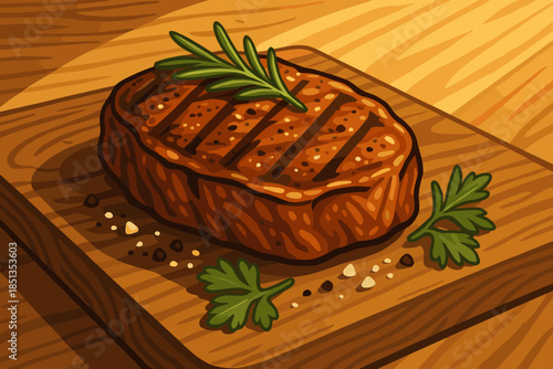 Gourmet Steak Delight. Gourmet steak garnished with herbs served on a rustic wooden board, illuminated by warm natural light, bold