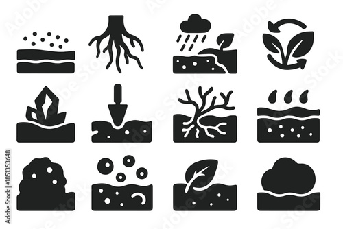Post-Fire Soil Icons. Solid style icons of Post-fire soil: ash layer, charred roots, erosion pattern, nutrient cycle, exposed