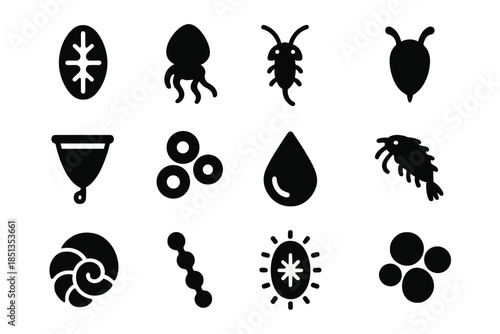 Oceanic Microfauna Icons. Solid style icons of Oceanic microfauna: diatom, dinoflagellate, copepod, rotifer, plankton net,