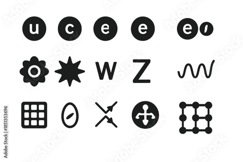 Particle Physics Icons. Solid style icons of Standard Model: quark icons, lepton family, Higgs boson symbol, gluon star, W and Z