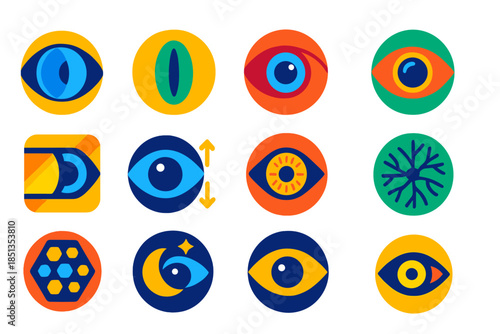 Unique Optical Icons. Flat vector icons of unique optical adaptations: multifocal lens, slit pupil, tubular eye, reflective layer,