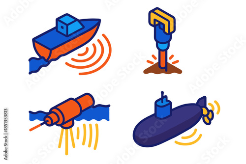 Underwater Noise Sources. Isometric vector illustration set Underwater Noise Sources: Ship sonar pulse wave, underwater
