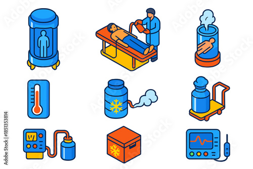 Cryonics Process Icons. Isometric vector illustration set Cryonics protocol: cryogenic preservation tanks, patient preparation
