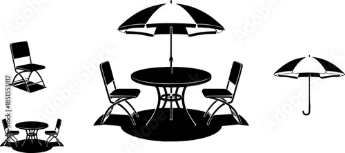 patio table with umbrella cafe chair table umbrela set set of silhouette. patio table with umbrella cafe chair table umbrela set icon set vector on white background