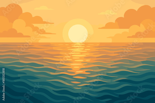 Sunrise Over Calm Ocean. Scenic shot of calm ocean waves at sunrise, warm golden light reflecting on the water, tranquil and