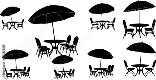 patio table with umbrella cafe chair table umbrela set set of silhouette. patio table with umbrella cafe chair table umbrela set icon set vector on white background