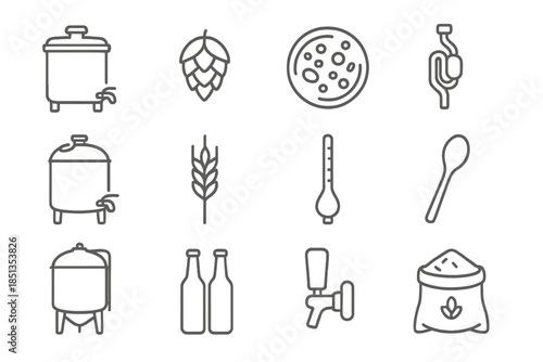 Fermentation Science Icons. Line style icons of Fermentation Science: Mash Tun, Hops, Yeast Culture, Airlock; Brewing Kettle,