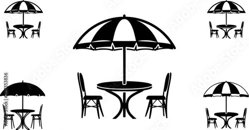 patio table with umbrella cafe chair table umbrela set set of silhouette. patio table with umbrella cafe chair table umbrela set icon set vector on white background