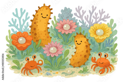 Underwater Garden Delight. Underwater garden with smiling sea cucumbers, coral flowers, pearl fruits, and busy crabs as gardeners