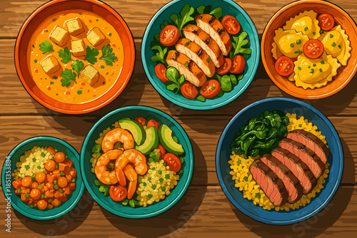 Gourmet Feast Displayed. Vibrant assortment of gourmet dishes served in colorful bowls on a vector illustration rustic wooden