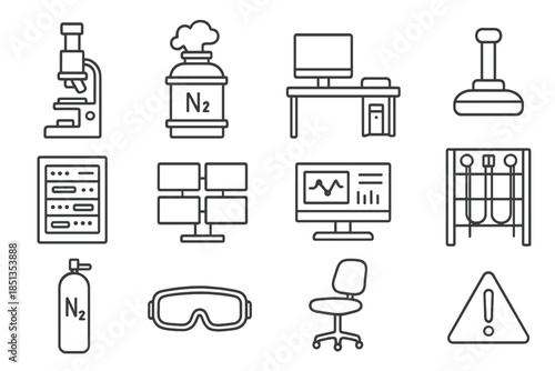 High-Tech Lab Icons. Line style icons of high-tech lab: cryo microscope, cooling tank, workstation desk, control joystick; data
