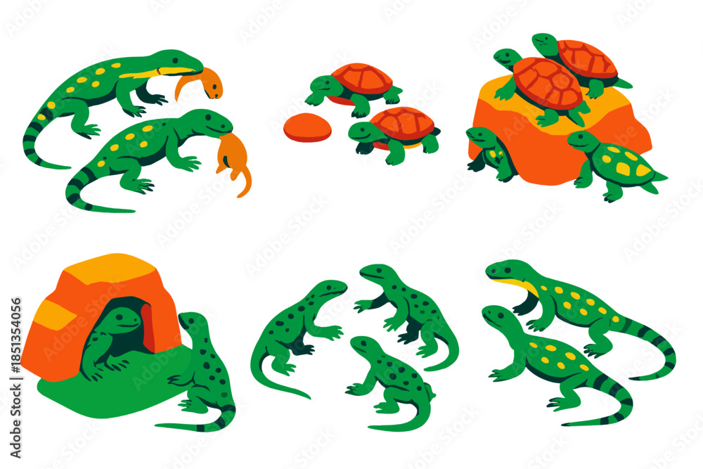 Fototapeta premium Reptile Social Learning. Isometric vector illustration set Social learning in reptiles: juvenile monitor lizards copying hunting