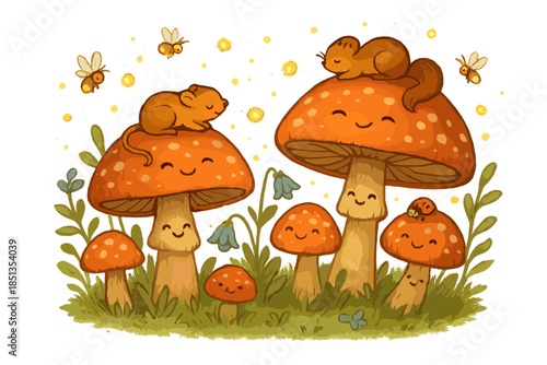 Magical Mushroom Wonderland. Enchanted mushroom forest with smiling fungi, playful fireflies, and tiny woodland creatures resting