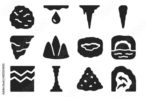 Cave Formation Icons. Solid style icons of cave formation processes: limestone rock, dripping water, stalactite, stalagmite,