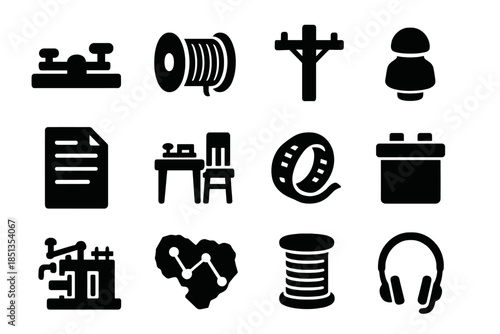 Telegraph Era Icons. Solid style icons of Telegraph Era: Clicker, Wire Spool, Wooden Pole, Insulator, Message Slip, Operator Desk,