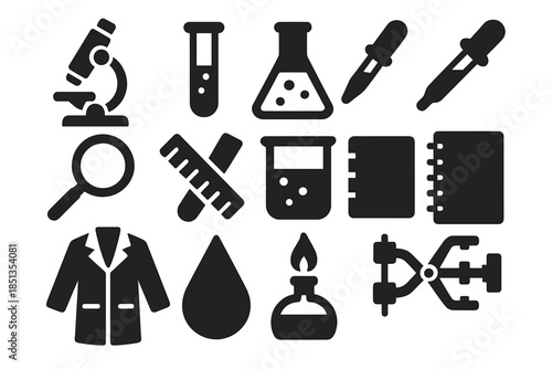 Laboratory Tools Icons. Solid style icons of laboratory tools and experiments: microscope, test tube, flask, pipette, magnifying