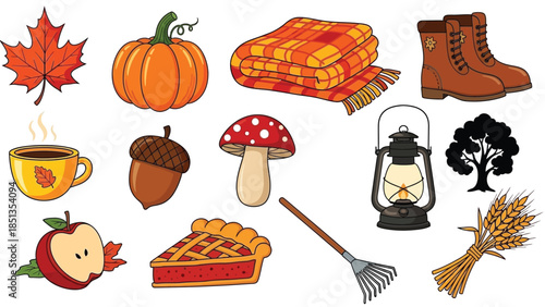 Flat lay of various autumnal icons including food, drink, and seasonal items against a clean white background.