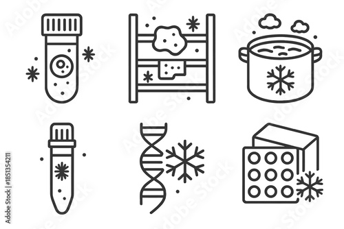 Cryopreservation Icons. Line style icons of Cryopreservation of Biological Samples: frozen cell vial, tissue storage rack, liquid
