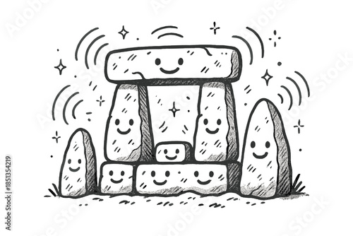 Cheerful Temple Doodle. Whimsical doodle ancient temple with smiling stones, cartoon sound waves bouncing, cheerful megaliths with