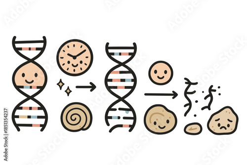 DNA Degradation Timeline. Cute doodle DNA degradation timeline illustration with cheerful DNA strands, cartoon clocks with faces,