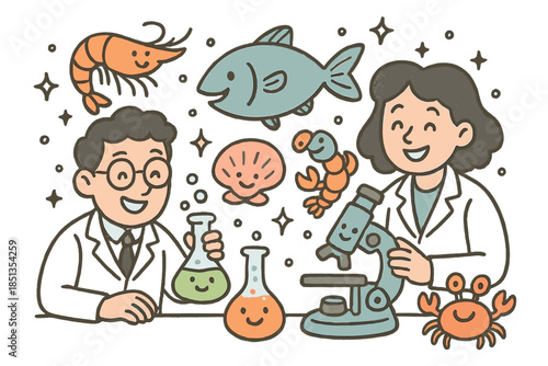 Playful Seafood Lab. Friendly doodle seafood innovation lab with happy researchers, cartoon fish and shellfish smiling, cheerful