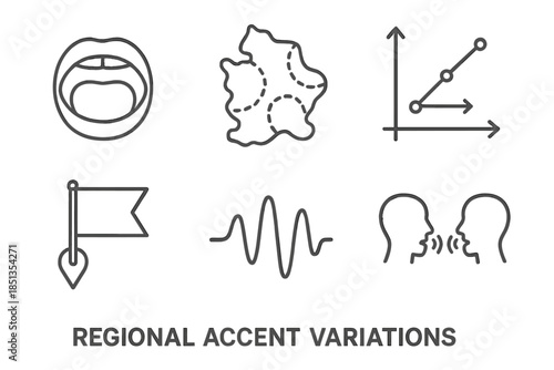 Regional Accent Iconography. Line style icons of Regional Accent Variations: mouth shape diagram, map with accent zones, vowel