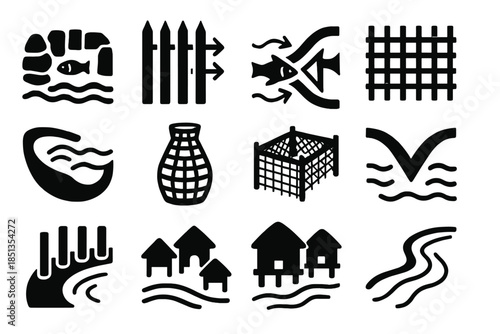 Indigenous Weir Iconography. Solid style icons of indigenous weir traps: stone barrier, wooden stake trap, river flow arrows, fish