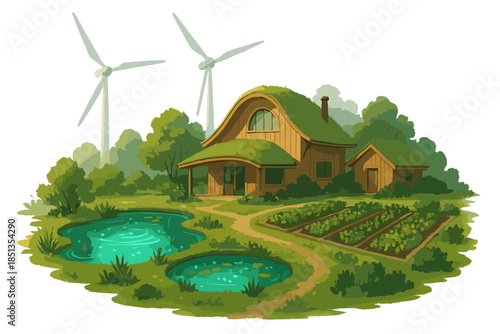 Sustainable Eco-Homestead. Future eco-homestead with windmills spinning, ponds glowing with life, and gardens feeding all