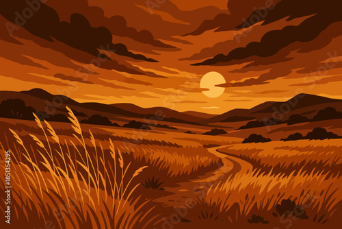 Golden Grassland Sunset. Golden grasslands under a moody sunset, warm earthy tones with dramatic shadows, tranquil and rugged,