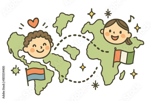 Joyful Global Connection. Cute doodle transnational identity scene with smiling characters connected by cartoon dotted lines