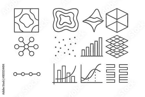 Data Visualization Icons. Line style icons of data visualization: density map, contour lines, 3D surface, volumetric cube; atomic