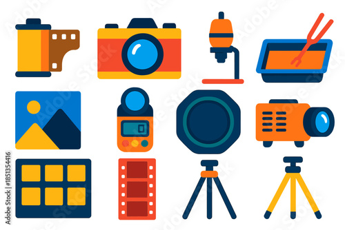 Analog Photography Icons. Flat vector icons of Analog Photography: film roll, camera body, darkroom enlarger, developer tray,