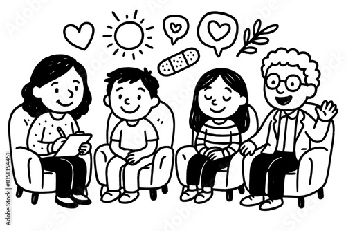 Therapeutic Doodle Session. Playful doodle trauma counseling session with happy therapists, cartoon patients sitting on cozy