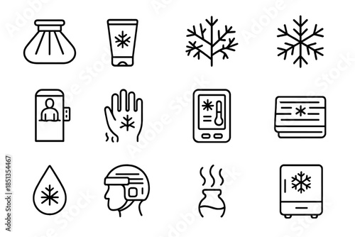 Cold Therapy Icons. Line style icons of cold therapy: ice pack, cooling gel, frost pattern, snowflake; cryo chamber, frostbite