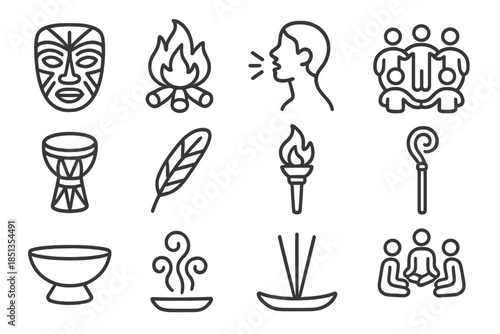 Spiritual Ritual Icons. Line style icons of Spiritual Ritual: Ceremonial Mask, Fire, Chant, Community Circle; Drum, Feather, Torch