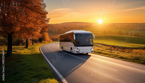 Modern white tour bus on a countryside road at sunset.