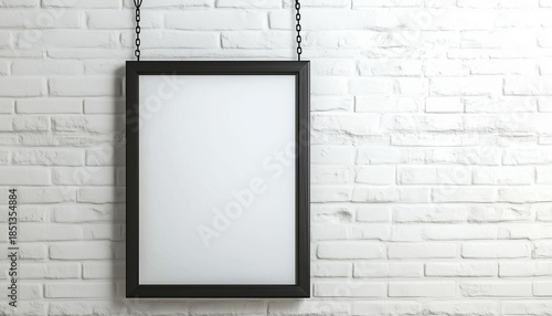 Blank black frame mockup hanging on white brick wall.