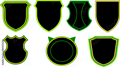 Set of seven different outline shield and crest shapes in neon green and yellow colors, vector graphics.